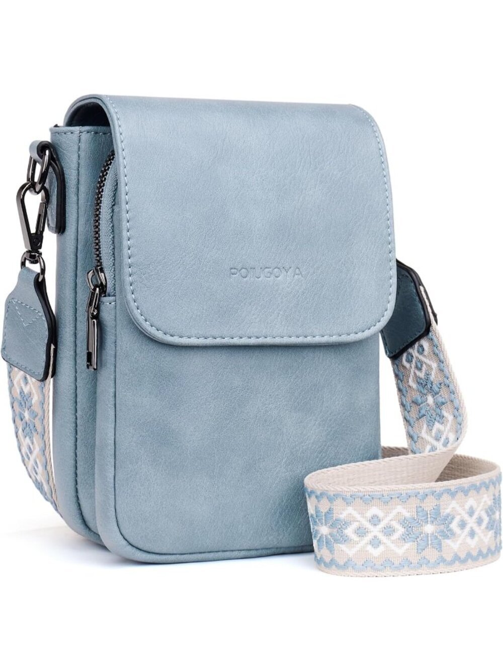 POIUGOYA Women's Light Blue Leather Triple Compartment Cell Phone Crossbody Bags